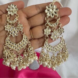Gold Pearl Chandbali Earrings with Kundan Detailing
